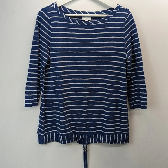 J Jill Linen Blend Blue White Striped 3/4 Sleeve Drawstring Hem Top Size Small - Picture 2 of 8